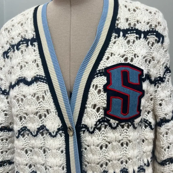 Chic Sandro Cream and Navy Knit Cardigan L - Picture 2 of 10